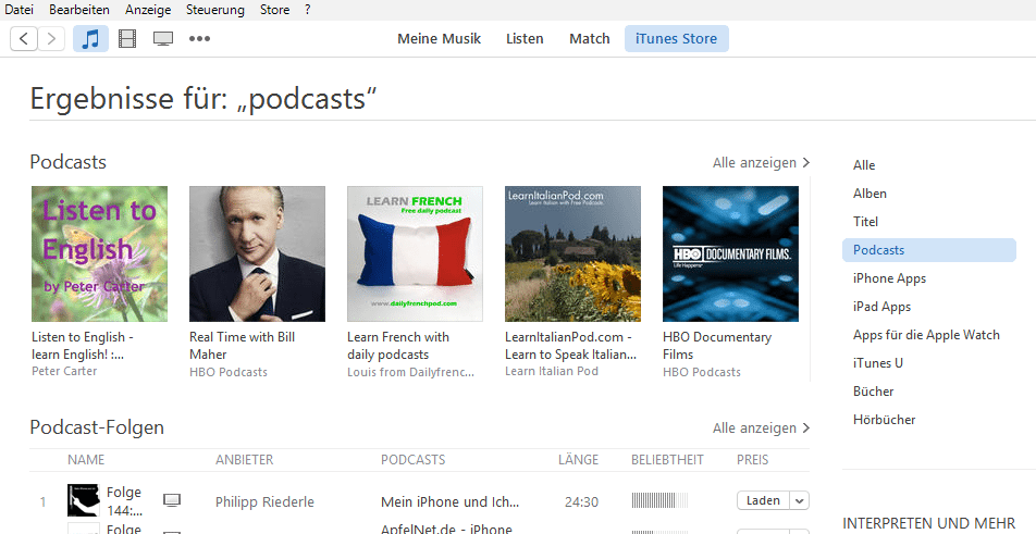 Englische Podcasts bei iTunes
