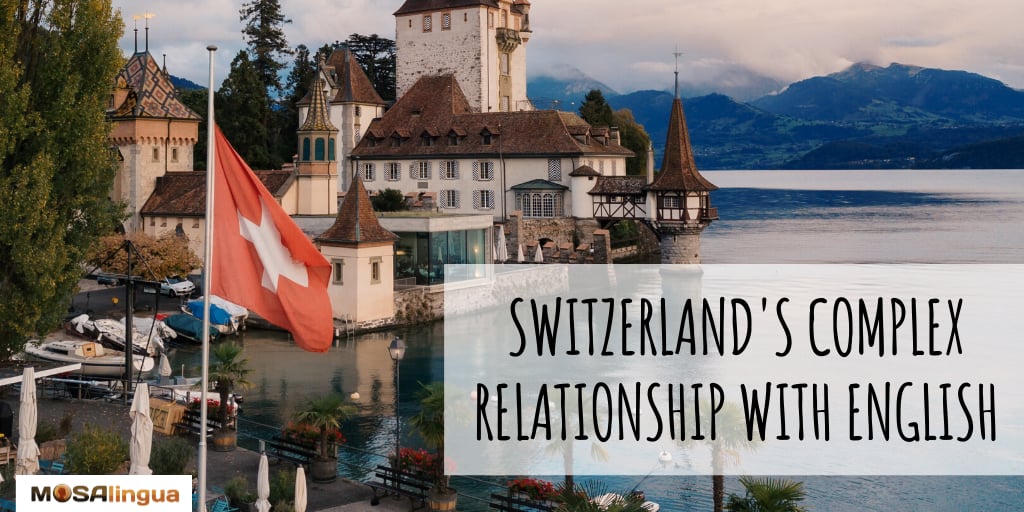switzerland's complex relationship with english castle on water with swiss flag in foreground