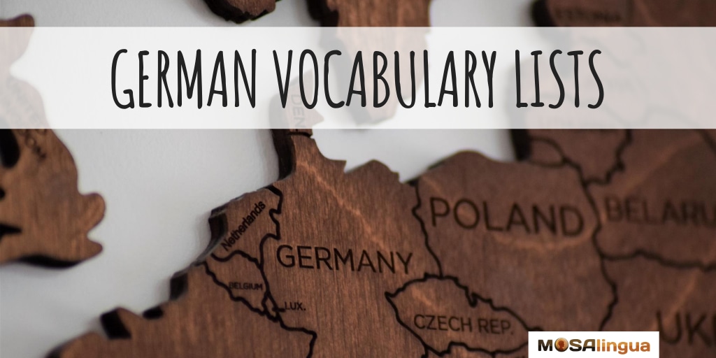 Wooden map of Europe showing Germany, Poland, Czech Republic. Text reads: German vocabulary lists MosaLingua, German words to know