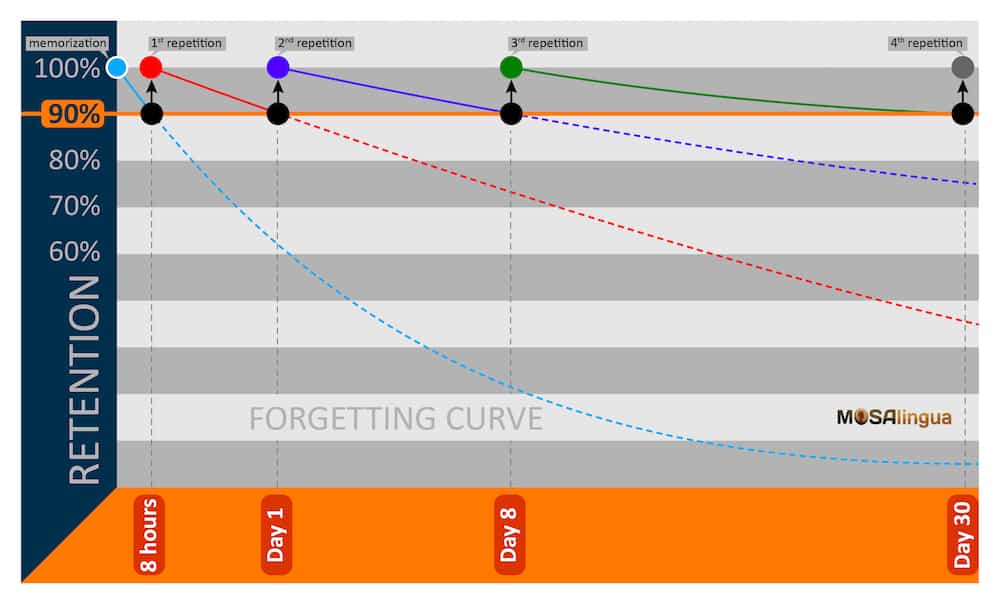 Spaced repetition system diagram of how it works with forgetting curves