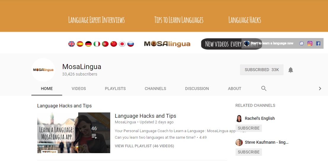 Abonnez-vous à la chaîne YouTube MosaLingua : chaîne pour apprendre l'anglais, et les autres langues