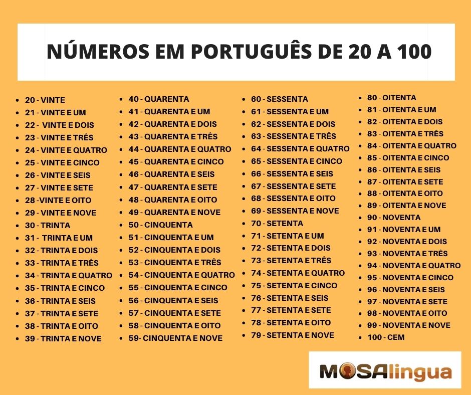 nombres en portugais de 20 à 100